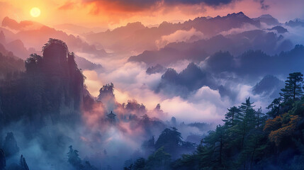 The ethereal beauty of china mountains landscape, is immersed in a captivating sea of clouds. The mystical atmosphere transforms the landscape into an enchanting wonderland - obrazy, fototapety, plakaty