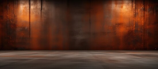 A room with a bare interior is illuminated by a striking red light coming from the ceiling. The space is devoid of furniture, featuring smooth abstract walls and sheets of rusted metal.