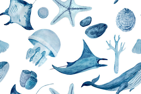 Watercolor hand-drawn purple monochromatic seamless pattern isolated on white. Blue whale, a manta ray, shells, a starfish ,a polyp and a coral