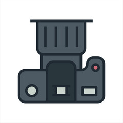Photo camera top view vector background. Vintage digital photography design icon object. Retro illustration concept isolated. Lifestyle equipment closeup element. Business flat media color template.