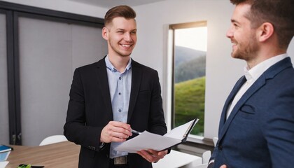 An estate agent , real estate talking with a client in a house