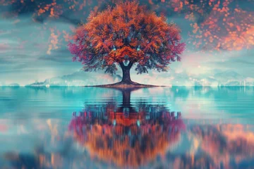 Fotobehang serene beauty of a colorful tree beside still waters, with its vibrant reflection creating a symmetrical work of art.  © Muhammad