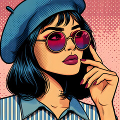 Woman in sunglasses and beret in pop-art style