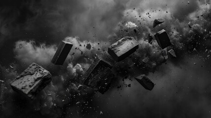 Abstract concrete blocks levitating against dark smoke background, symbolizing chaos and destruction. Concept of dramatic change and disintegration.