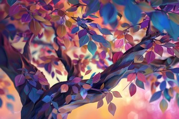 An illustration of a whimsical tree with radiant, multi-colored leaves and gracefully hanging branches, set against a vividly colored background. 