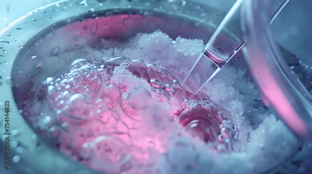 Poster close-up view of scientific experiment with bubbling liquid in petri dish, representing research and