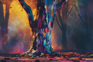 beauty of the rainbow eucalyptus tree, with its naturally vibrant, peeling bark rendered in exaggerated, bright colors. 
