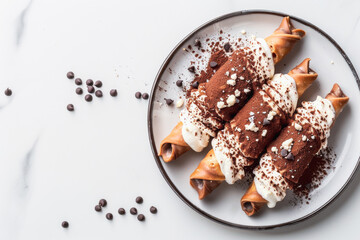 delicious Chocolate Cannoli Elegant  a plate with chocolate-dipped cannoli - obrazy, fototapety, plakaty