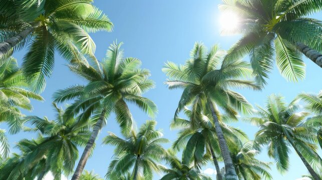 Tropical paradise with lush palm trees under clear blue sky, sunbeams filtering through foliage. Ideal vacation and travel destination backdrop.