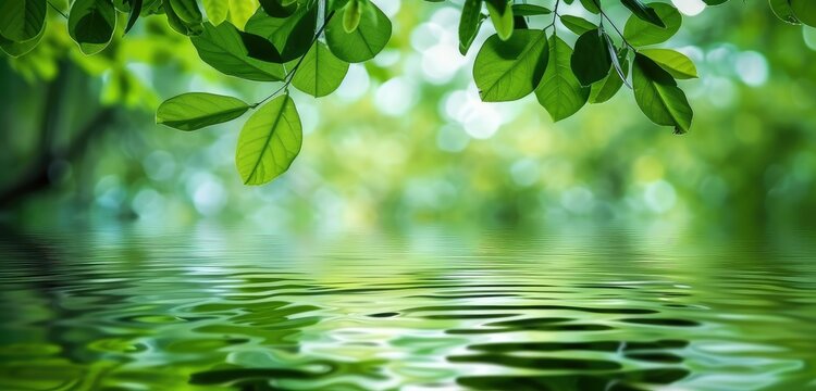 Tranquil Green Leaves and Water Reflection Scene