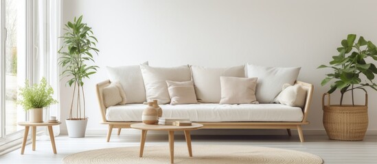 A modern living room featuring a white Scandinavian comfort couch with cushions, a wooden coffee table with a cup and fresh croissant on a breakfast tray, a rug on the floor, a wicker basket,