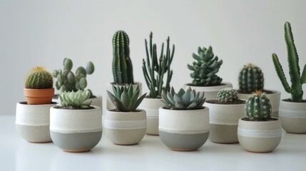 Variety of cacti and succulent plants in ceramic pots on white shelf against plain background, showcasing different textures and shapes in indoor gardening. Home decor and plant ca