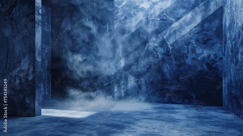 Poster mysterious blue ice cave with delicate light and fog creating serene atmosphere, suitable for themes