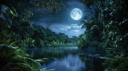 An enchanting view of a peaceful jungle at night, with moonlight filtering through the dense canopy and illuminating the lush foliage