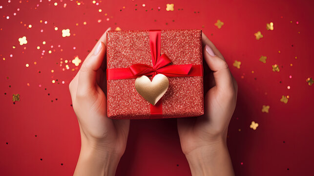 Young woman hands holding elegant present gift box with golden ribbon over red background with confetti. Mother day, Father day, Christmas, New Year, Valentine's Day, greeting card with copy space.