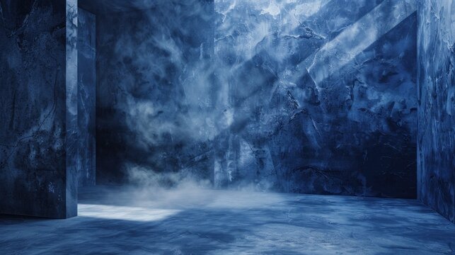 Mysterious blue ice cave with delicate light and fog creating serene atmosphere, suitable for themes related to nature's wonders and exploring unknown. Atmospheric natural environm