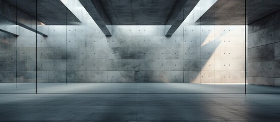 The image showcases an empty room with concrete walls and beams, creating an abstract interior of glass and concrete. The minimalist design highlights the raw industrial aesthetic of the space.