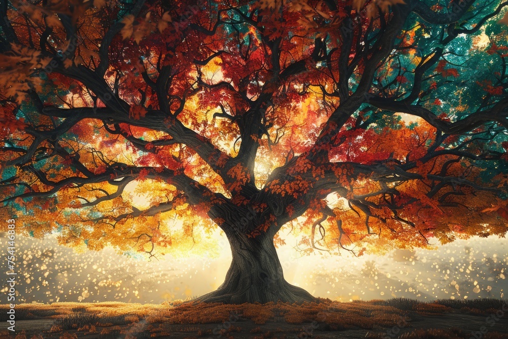Poster an artistic rendition of a majestic tree in autumn, with leaves in a kaleidoscopic array of colors.