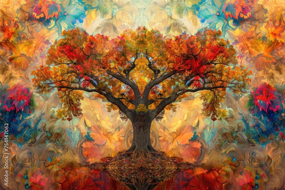 Poster an artistic rendition of a majestic tree in autumn, with leaves in a kaleidoscopic array of colors.