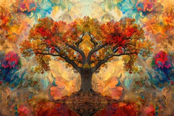 An artistic rendition of a majestic tree in autumn, with leaves in a kaleidoscopic array of colors. 
