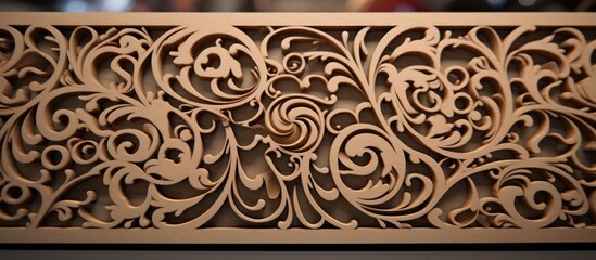A detailed wooden carving featuring a complex Jali design intricately crafted into the wood, showcasing precision and skill.