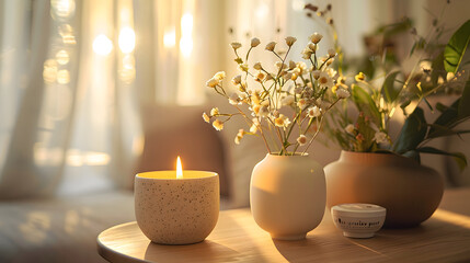 A glowing white candle sits on a table next to a vibrant bouquet of flowers in a glass vase. The soft light illuminates the flower petals and creates a relaxing atmosphere.