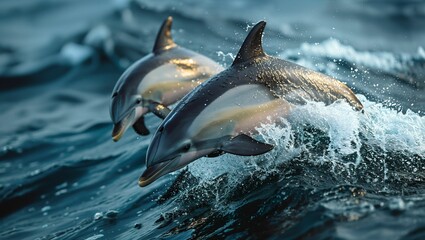 Obraz premium Dolphins leaping joyfully above ocean waves, showcasing freedom and playfulness in their natural habitat