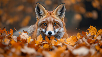 A curious fox peeking through autumn leaves, vibrant colors highlighting its keen gaze and bushy tail