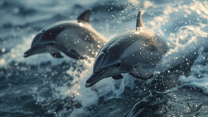 Dolphins leaping joyfully above ocean waves, showcasing freedom and playfulness in their natural habitat - obrazy, fototapety, plakaty