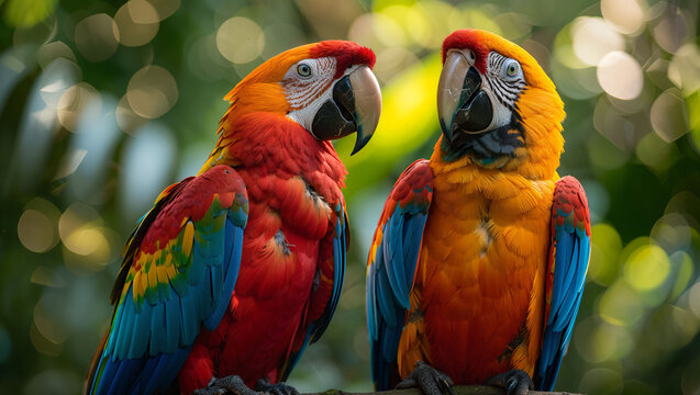 Colorful parrots chatting in a tropical paradise, feathers gleaming under the sun, capturing their social nature