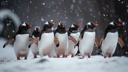 Penguins huddling for warmth in a snowy landscape, showcasing their communal and resilient spirit
