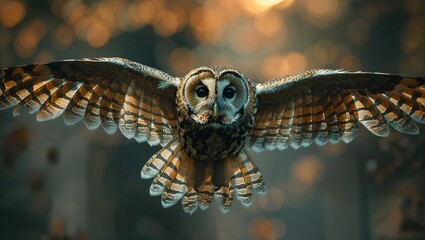 Obraz premium An owl in flight at twilight, silent wings spread wide, embodying mystery and mastery of the night