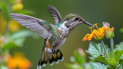 A hummingbird sipping nectar, wings a blur of motion, a vibrant example of natures delicate balance