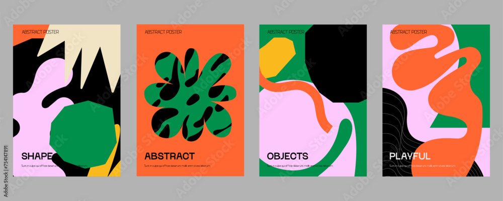 Poster colorful vector minimalistic posters with bizarre abstract geometric unusual shapes and forms with d
