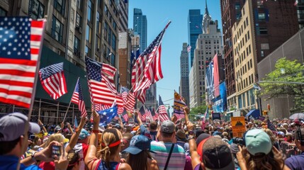 Patriotic City Parade. Unity and pride as crowds wave flags, honoring the stars and stripes in a bustling city street.