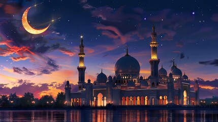 Ramadan serenity: illuminated 3d mosque and crescent symbolize spiritual bliss

 - obrazy, fototapety, plakaty