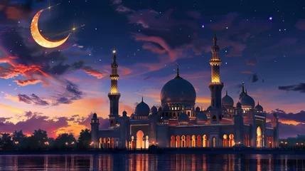 Foto op Canvas Ramadan serenity: illuminated 3d mosque and crescent symbolize spiritual bliss   © Nayyab