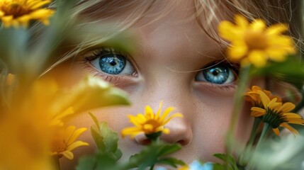 Close-up of young girl with striking blue eyes amidst vibrant yellow flowers, presenting natural and serene childhood scene. Nature and beauty.