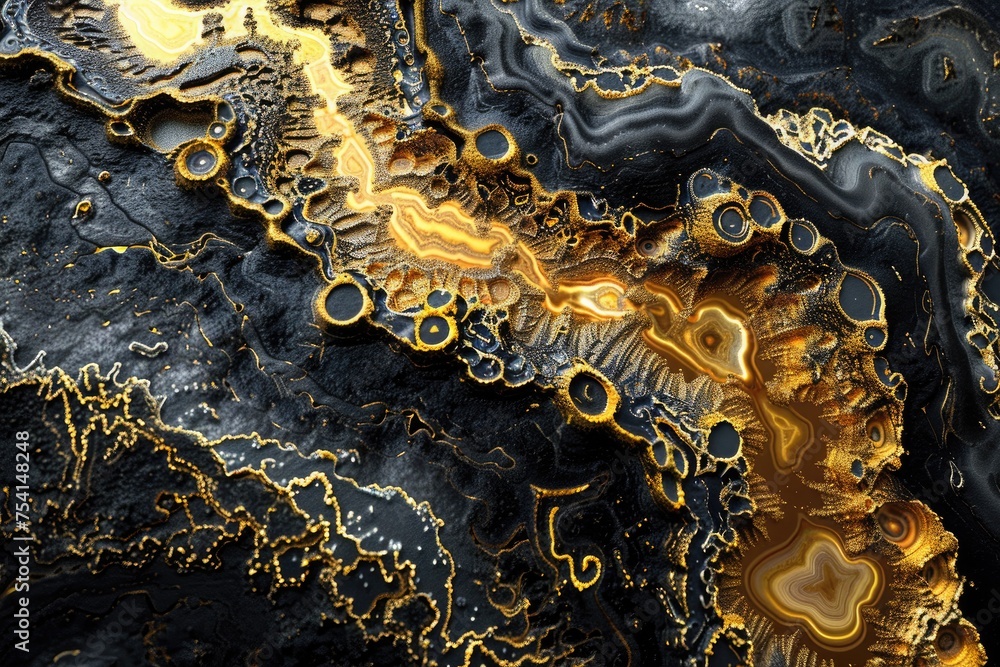 Aufkleber an abstract composition featuring a cascade of liquid gold flowing into a pool of deep black.