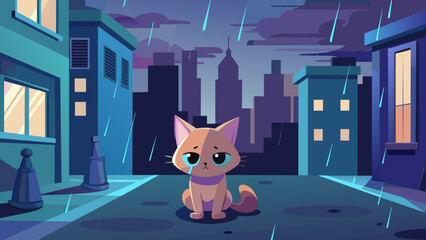 Lost and Lonely: Abandoned Kitten's Cry in the Rainy Night Cityscape.