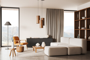 White living room interior with couch and armchair
