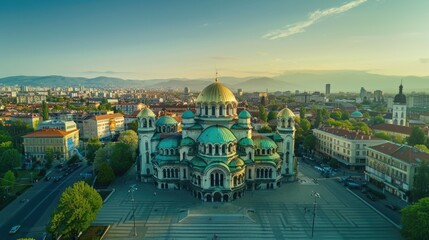 Blue Skies Over Alexander Nevsky Cathedral in Sofia, Bulgaria: An Aerial View of Christian Architecture in the Capital - obrazy, fototapety, plakaty