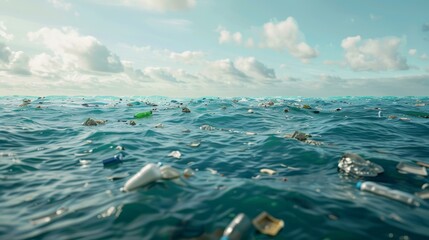 Plastic waste in seawater Pollution in oceans, rivers, canals, roads. Illustration of contaminated nature.