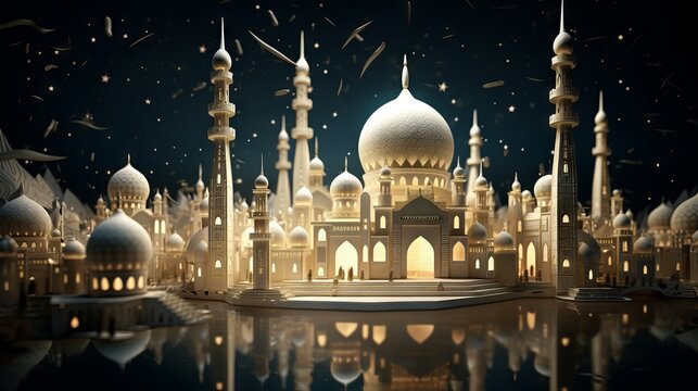 Vibrant ramadan scene: 3d render of mosque and crescent illuminated with blissful glow

