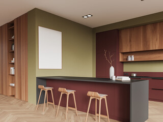 Stylish home kitchen interior with bar island and cooking space. Mockup frame