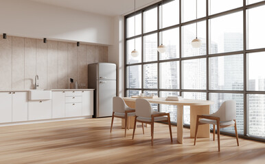 White and beige kitchen corner with dining table