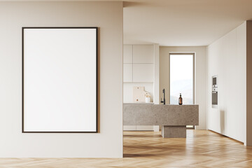 Fototapeta na wymiar Beige home kitchen interior with cooking space and window. Mockup frame