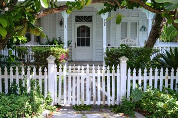 Charming White Beach Wood Home with Picket Fence, Front Door, and Green Landscaping - American Style Vacation Cottage Architecture