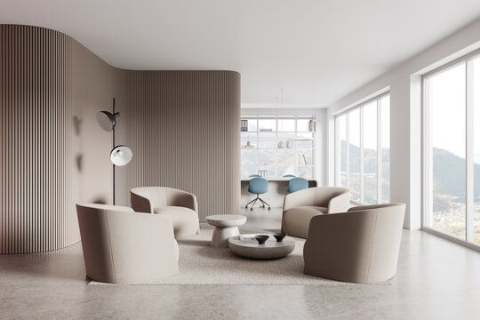 Beige business room interior with relax place and meeting table, window