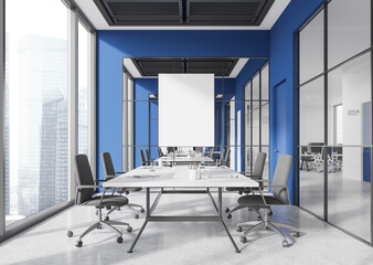 Blue office board room interior with poster